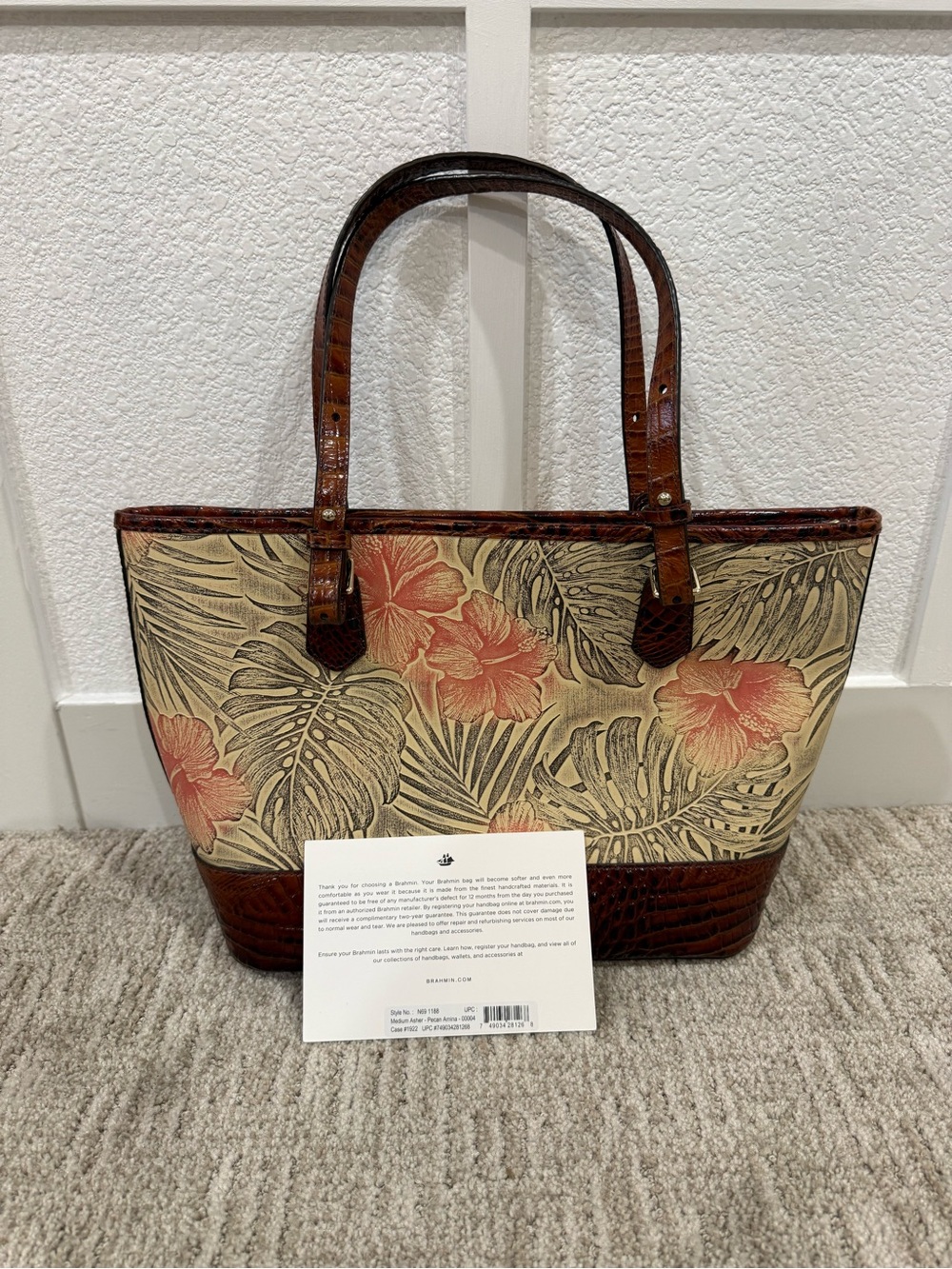 Brahmin medium Asher Tote with Croc-Embossed Leather Trim - Pecan Amina